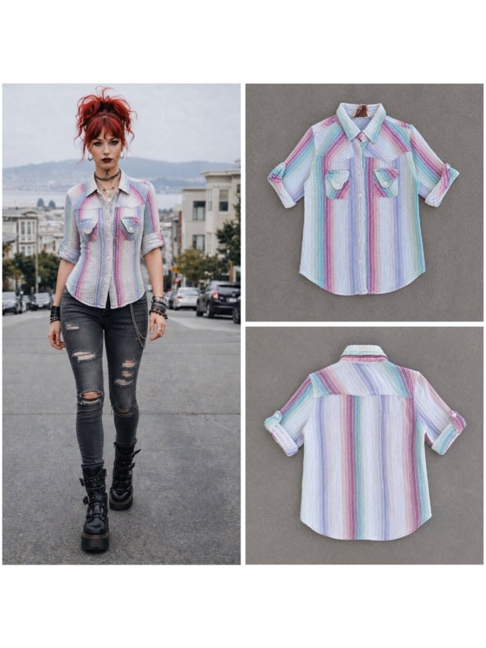 Vintage 70s Cotton Gauze Striped Pastel Top